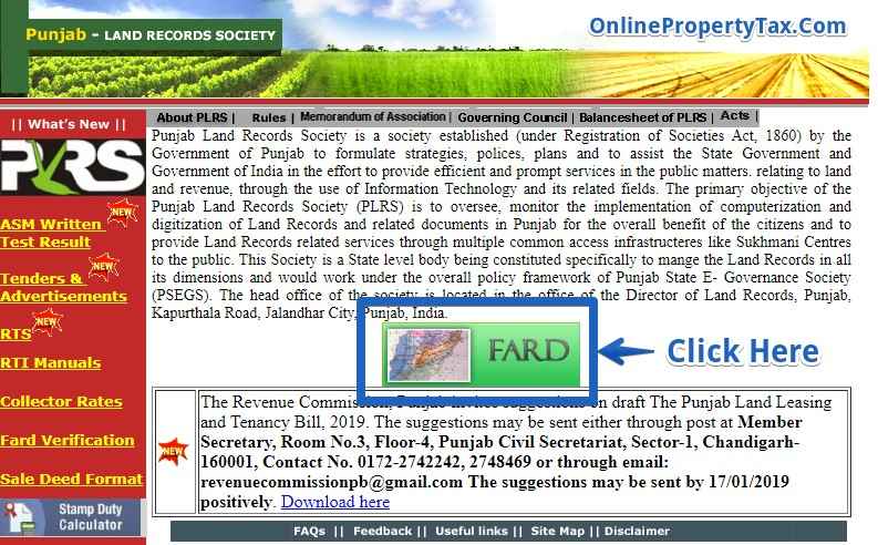 PLRS Punjab Land Records Society Check Fard Online Home Page